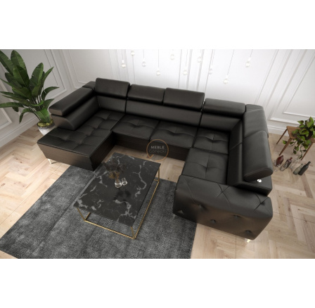 Rohová sedací souprava ORION MAX II s funkcí spaní 165x350x185 cm přírodní kůže - černá kůže, pravá