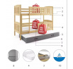 Dětská patrová postel KUBUS 3 s přistýlkou 90x200 cm, včetně matrací, Přírodní/Grafit