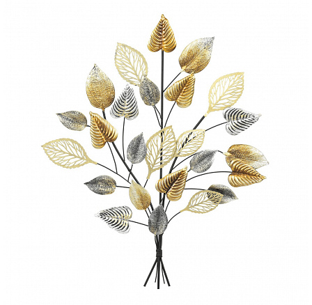 Strom kovový - nástěnná dekorace, mix listí, zlatý
