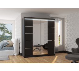 Posuvná skříň se zrcadlem a LED osvětlením TRAVES 180 Černá+Černá