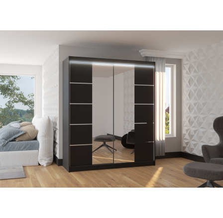 Posuvná skříň se zrcadlem a LED osvětlením TRAVES 180 Černá+Černá