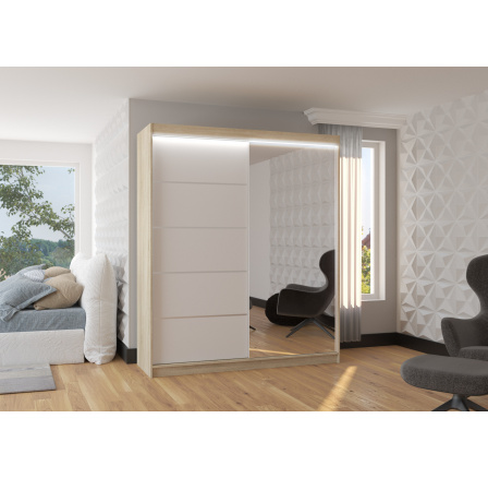 Posuvná skříň se zrcadlem a LED osvětlením CARO 180 Sonoma+White
