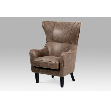 Křeslo, hnědá látka v dekoru broušené kůže, masiv kaučukovník, černý matný lak