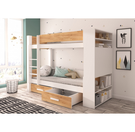 Dvoulůžková patrová postel s matracemi GARET 180x80 Bílá+Dub Zlatý
