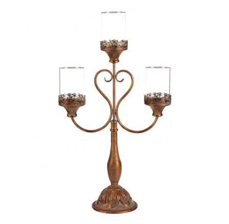 Svícen kovový - 65 cm, 3 ramena, se skly, barva zlatá