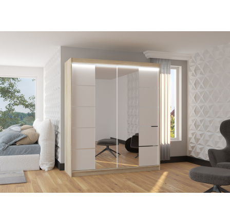 Posuvná skříň se zrcadlem a LED osvětlením TRAVES 180 Sonoma+White