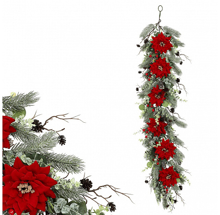 Girlanda - 105 cm, vánoční růže, jehličí, šišky a zeleň