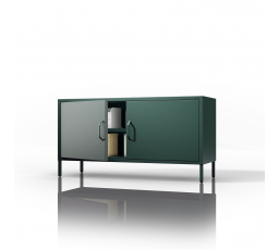 Nízká kovová skříňka na nožkách lahvově zelená Moderní ROSA, 1150 x 595 x 400 mm
