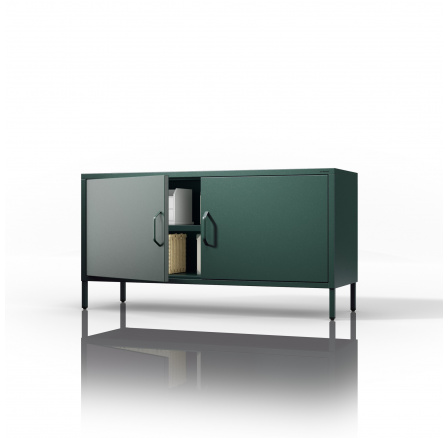 Nízká kovová skříňka na nožkách lahvově zelená Moderní ROSA, 1150 x 595 x 400 mm