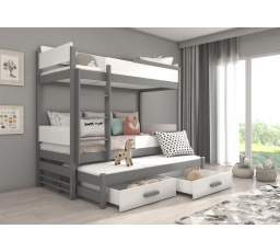 Třílůžková patrová postel s matracemi QUEEN 200x90 Grafit+Bílá