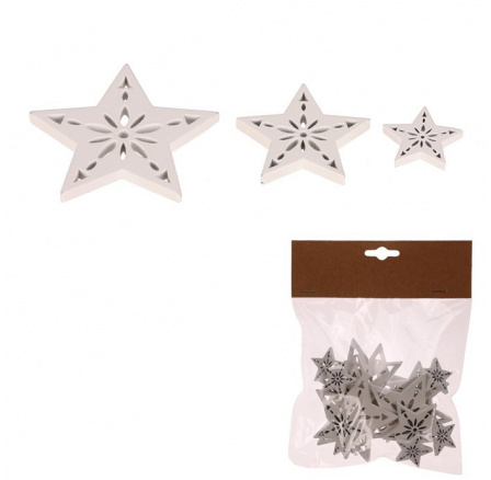 Hvězda - dřevo, mix 3 velikostí, bílá, cena za balení (18 ks)