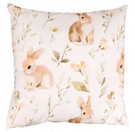 Polštář s výplní - zajíci a květiny, sametový, 45 x 45 cm