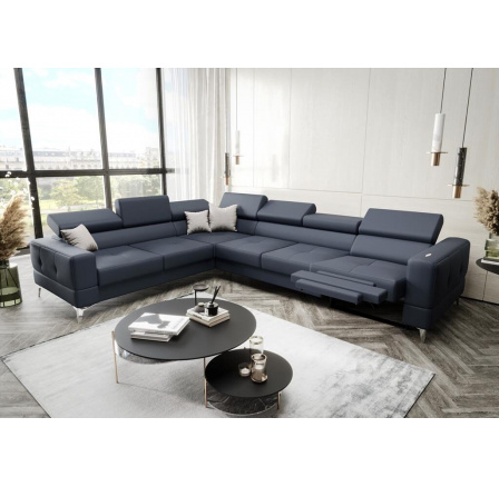 Rohová Kožená sedací souprava s funkcí spaní a , relaxU - TOSCANIA MAX 320x250 cm - modrošedá , levá