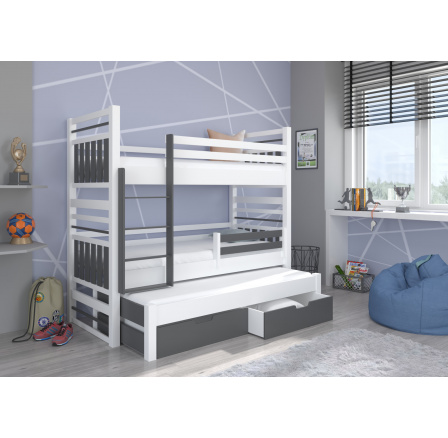 Třílůžková patrová postel s matracemi HIPPO 200x90 Bílá+Šedá