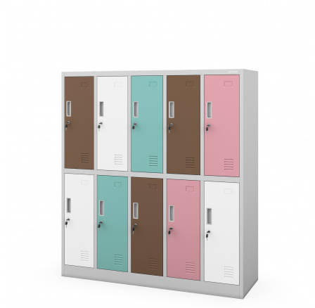 Školní skříňka BHP šedo-pastelová: 10-komorová , 1360 x 1500 x 450 mm
