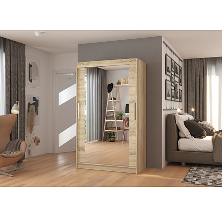 Šatní skříň s posuvnými dveřmi a zrcadlem TIBAGO 120 Sonoma+Sonoma