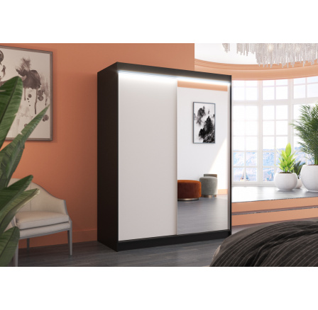 Posuvná skříň se zrcadlem a LED osvětlením JORDI 150 Černá+Bílá