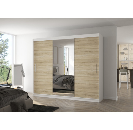 Šatní skříň s posuvnými dveřmi a zrcadlem DENIS 250 Bílá+Sonoma