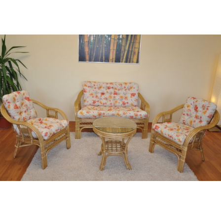 Ratanová sedací souprava Rio De Janeiro medová polstry motiv květiny Ratanová sedací souprava Rio De Janeiro medová polstry motiv květiny