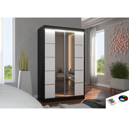 Posuvná skříň se zrcadlem a LED osvětlením GENUA 120 Černá+Bílá