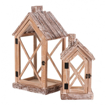 Lucerna dřevěná - tvar domku s komínem, cena za sadu 2 ks