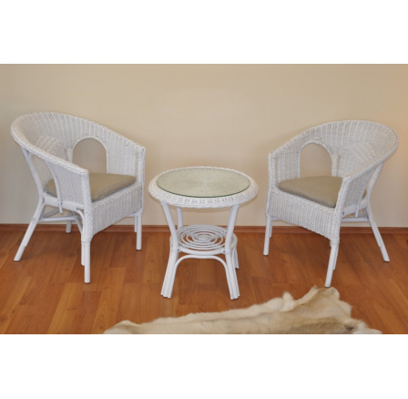 Ratanová sedací souprava Fabion bílá  polstry tmavě béžový melír