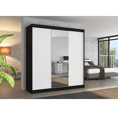 Šatní skříň s posuvnými dveřmi a zrcadlem SANTIAGO 200 Černá+Bílá