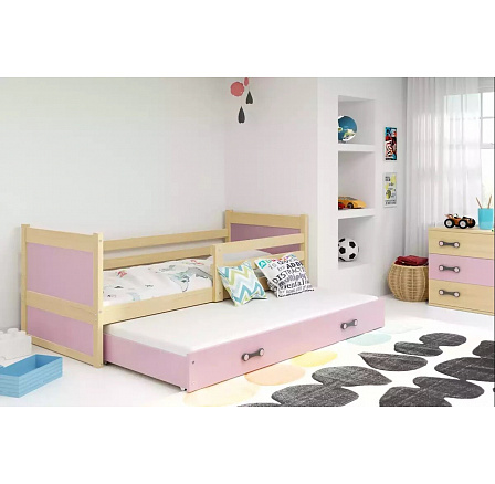 Dětská postel RICO s přistýlkou 90x200 cm, s matracemi, Přírodní/Růžová Dětská postel RICO s přistýlkou 90x200 cm, s matracemi, Přírodní/Růžová