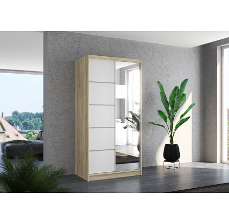 Šatní skříň s posuvnými dveřmi a zrcadlem ORLANDO 100 Sonoma+Bílá