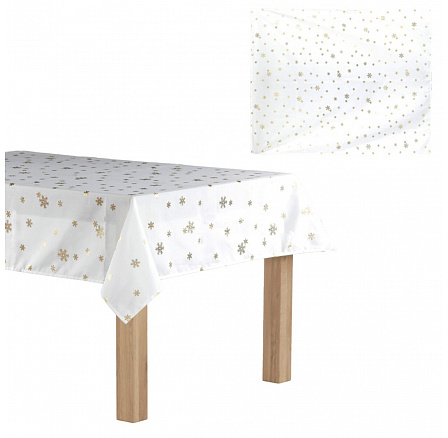 Ubrus - zlaté vločky, 100% polyester, 130 x 160 cm, bílý