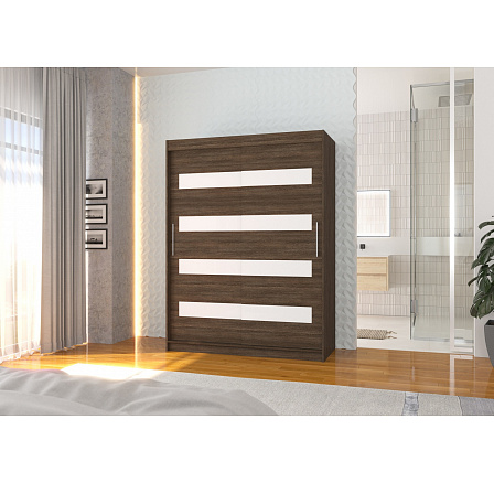 Šatní skříň s posuvnými dveřmi s lacobelem MARTINEZ 150 Choco+White Lacobel