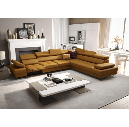 Rohová Kožená sedací souprava s funkcí spaní a relaxace GALAXY MAX 350x280 cm - medová , pravá