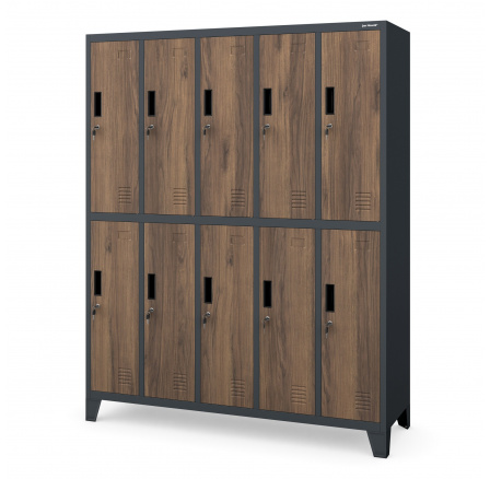 Plechová uzamykatelná šatní skříň s 10 boxy BARTEK, 1360 x 1720 x 450 mm, Eco Design: antracitová/ořech