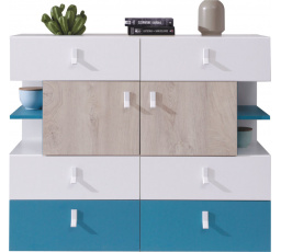 Komoda PLANET- PL8, bílý lux+dub+modrá