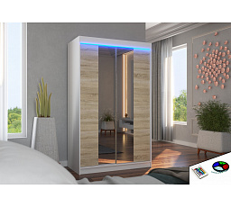 Posuvná skříň se zrcadlem a LED osvětlením MARVIN 120 Bílá+Sonoma