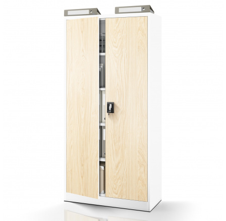 Kancelářská kovová skříň JAN, 900 x 1850 x 400 mm, Eco Design: bílá/ dub sonoma