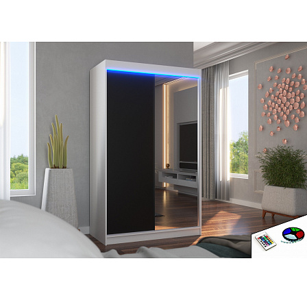 Posuvná skříň se zrcadlem a LED osvětlením REWENA 120 Bílá+Černá Posuvná skříň se zrcadlem a LED osvětlením REWENA 120 Bílá+Černá