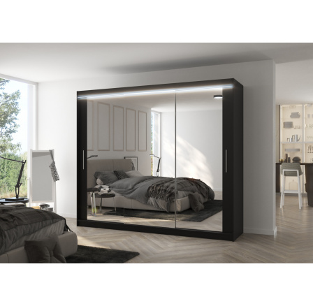 Posuvná skříň se zrcadlem a LED osvětlením CHESTER 250 Černá+Černá