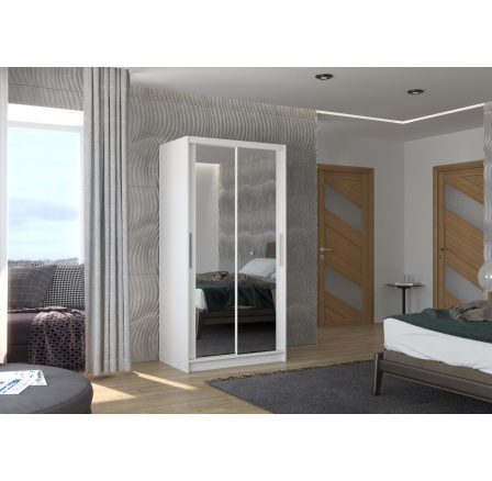 Šatní skříň s posuvnými dveřmi a zrcadlem NEVIO 100 Bílá+Bílá