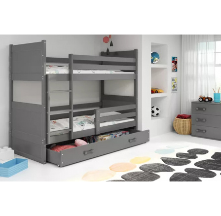 Dětská patrová postel RICO se šuplíkem 90x200 cm, včetně matrací, Grafit/Grafit