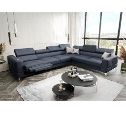 Rohová Kožená sedací souprava s funkcí spaní a , relaxU - TOSCANIA MAX 320x250 cm - pravá, modrošedá