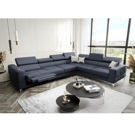 Rohová Kožená sedací souprava s funkcí spaní a , relaxU - TOSCANIA MAX 320x250 cm - pravá, modrošedá