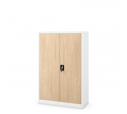 Kancelářská kovová skříň KEVIN, 900 x 1400 x 400 mm, Eco Design: bílá/ dub sonoma