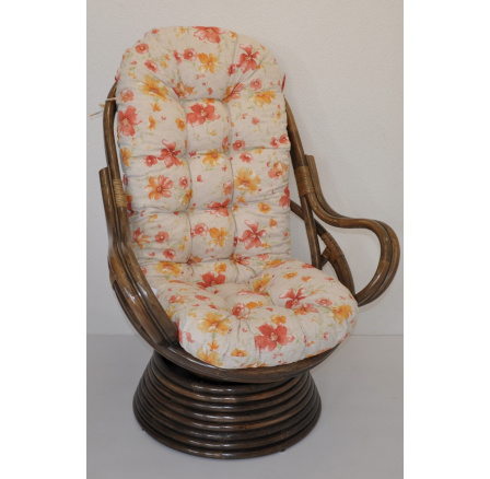 Ratanové houpací křeslo Swivel hnědé polstr motiv květiny
