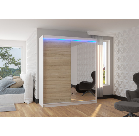 Posuvná skříň se zrcadlem a LED osvětlením VIKI 180 Bílá+Sonoma