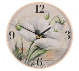 Hodiny nástěnné - pr. 40 cm, MDF a dřevený rám, kvetoucí mák