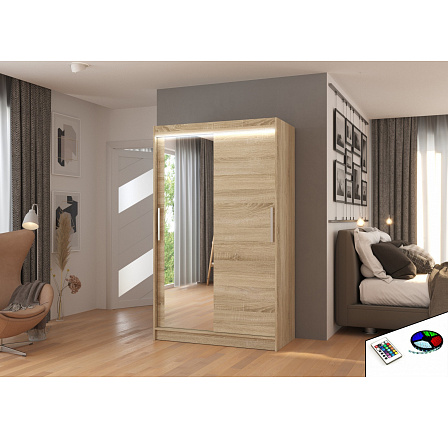 Posuvná skříň se zrcadlem a LED osvětlením BARIO 120 Sonoma+Sonoma Posuvná skříň se zrcadlem a LED osvětlením BARIO 120 Sonoma+Sonoma