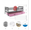 Dětská postel ERYK 90x200 cm se šuplíkem, s matrací, Grafit/Růžová