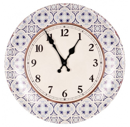Hodiny nástěnné - pr. 35 cm, kovové, modro-bílé ornamenty Hodiny nástěnné - pr. 35 cm, kovové, modro-bílé ornamenty
