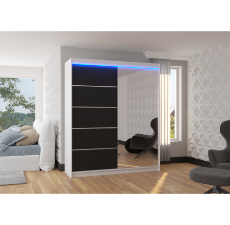Posuvná skříň se zrcadlem a LED osvětlením CARO 180 Bílá+Černá